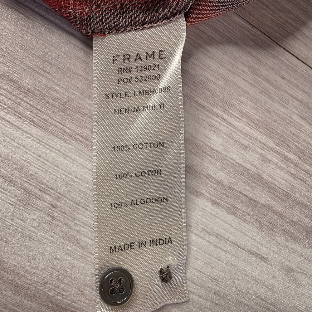 FRAME Slim Plaid Flannel Shirt Red Cream‎ Distressed Hem Button Up Medium - Picture 7 of 10